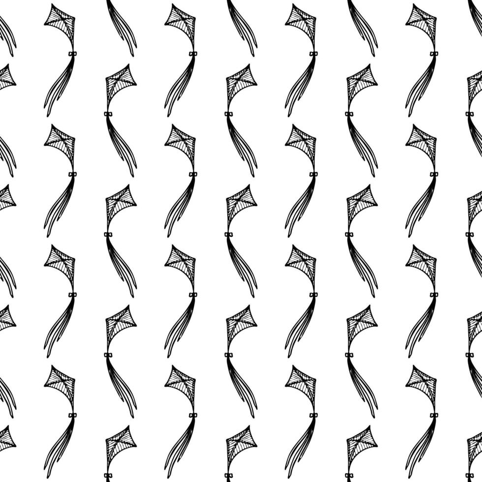 Kite vector seamless pattern doodle, hand drawn, minimalistic, monochrome. Black and white