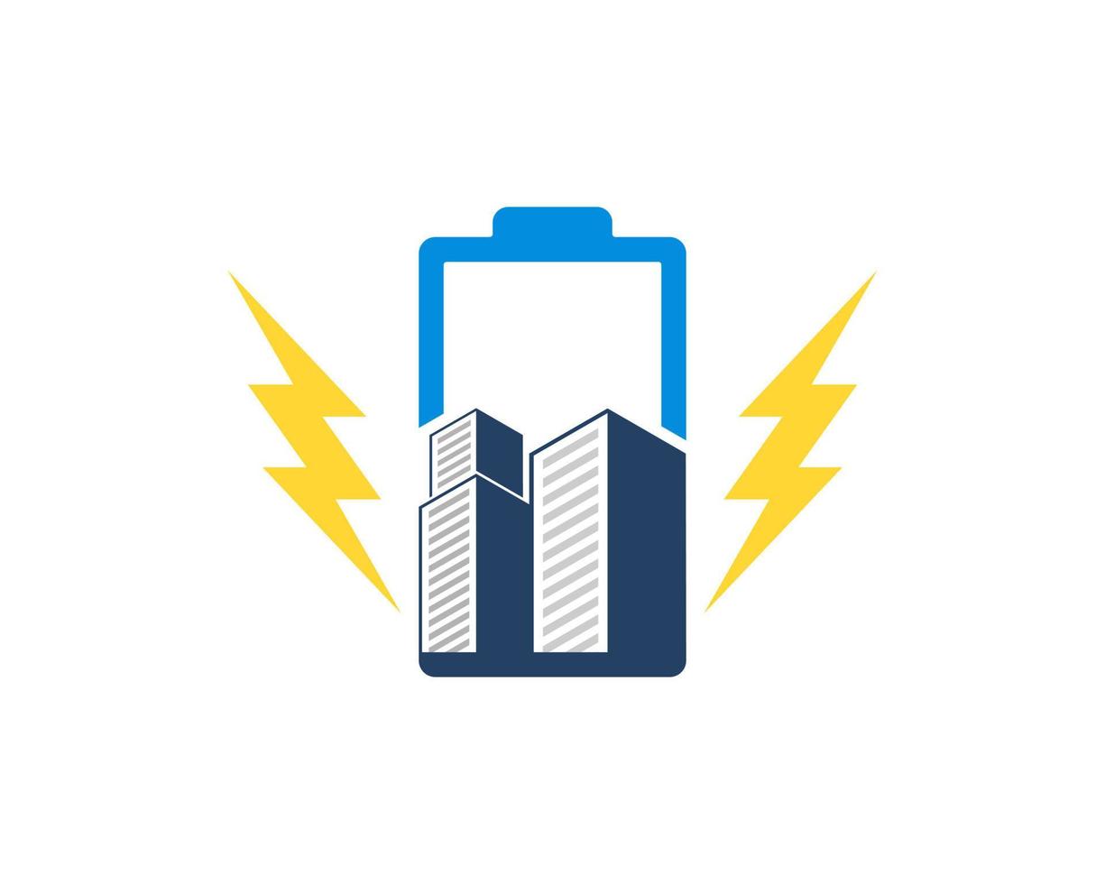 Electrical battery with city building and lightning vector