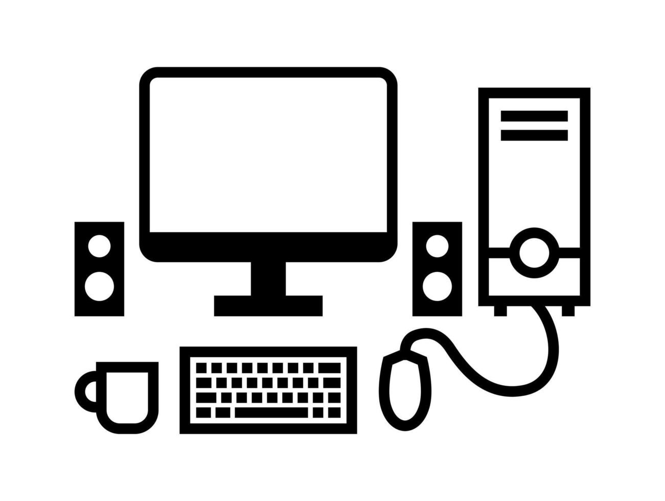 icono de conjunto de pc de computadora personal. monitor, altavoz, cpu, mouse y teclado vector