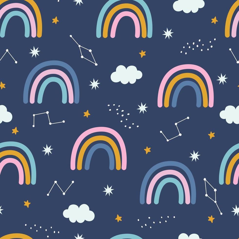 Arco iris de patrones sin fisuras para bebés con nubes sobre fondo azul marino, dibujado a mano, diseñado en un estilo de dibujos animados. utilizado para impresiones, papel tapiz decorativo, motivos de ropa de bebé, ilustración vectorial de textiles vector