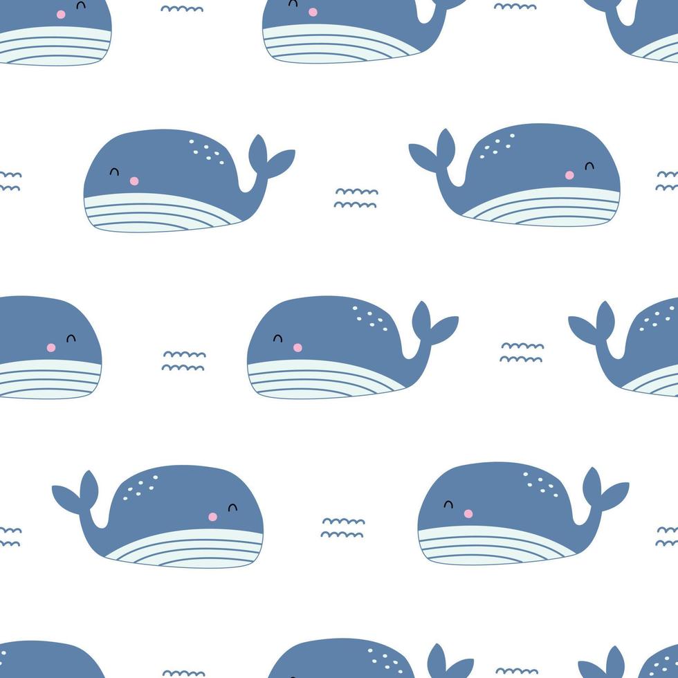 Blue whale seamless pattern sea animal background for kids. Hand drawn design in cartoon style. Use for textiles, prints, wallpapers, vector illustrations.