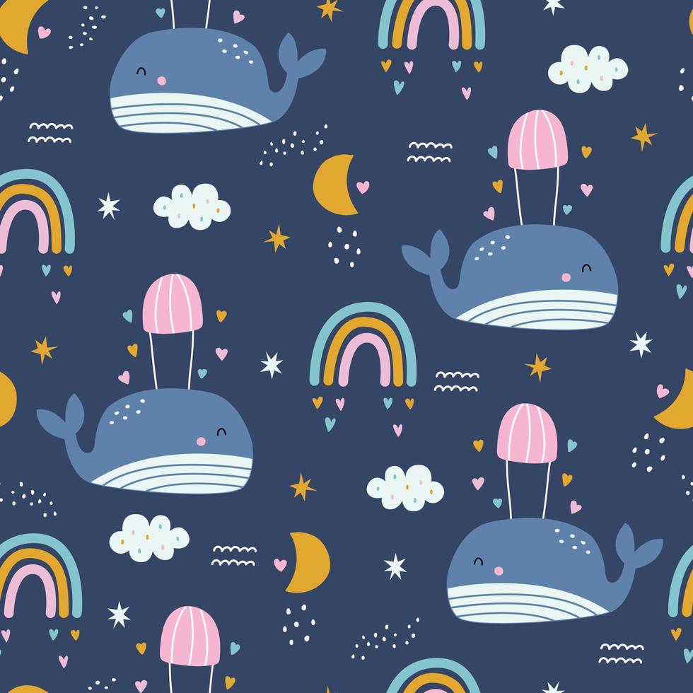 Sealife background seamless pattern blue whale for kids Hand drawn design in cartoon style. Use for textiles, prints, wallpapers, vector illustrations.