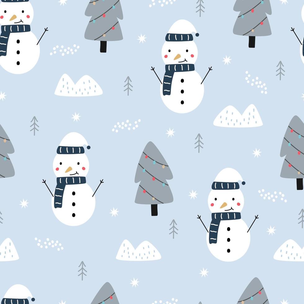 Fondo de invierno de vector de patrones sin fisuras con festival de Navidad con muñeco de nieve y árbol de Navidad diseño dibujado a mano en estilo de dibujos animados. uso para tela, moda, textil.