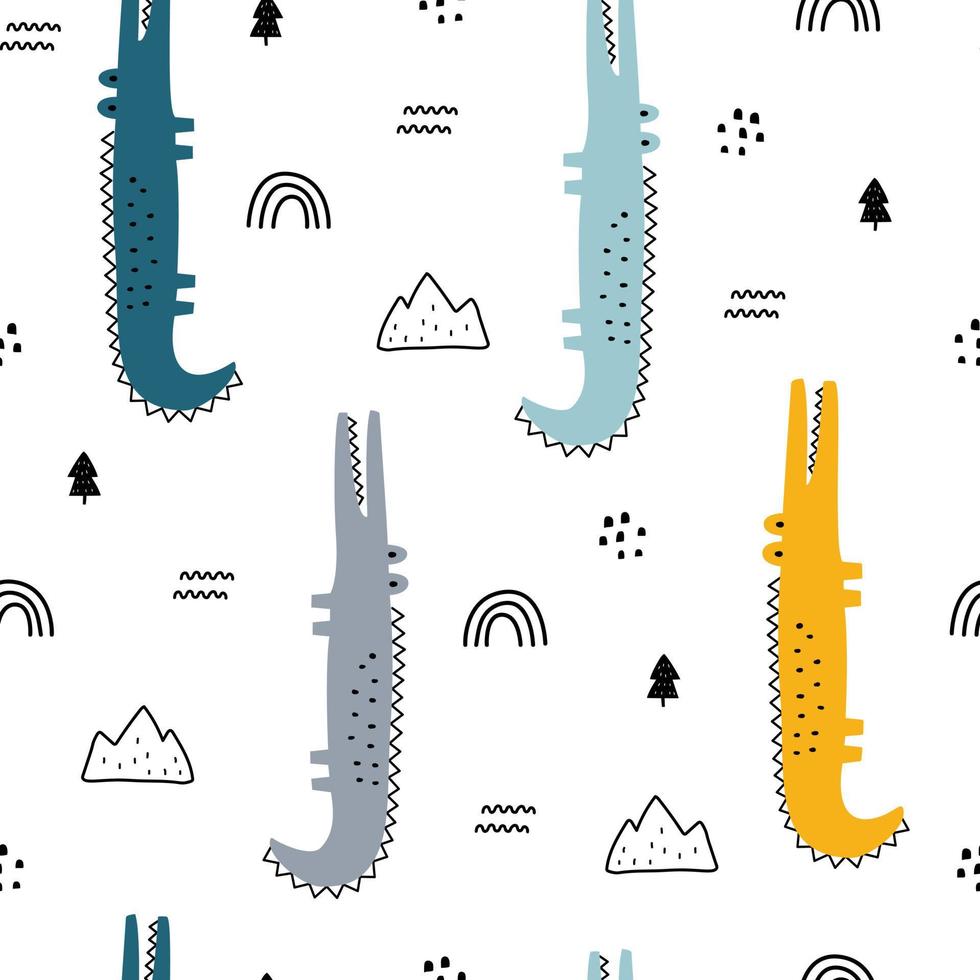 Baby seamless pattern Cartoon background with crocodile and sky Hand drawn design in kid style, use for print, wallpaper, fabric, textile. Vector illustration