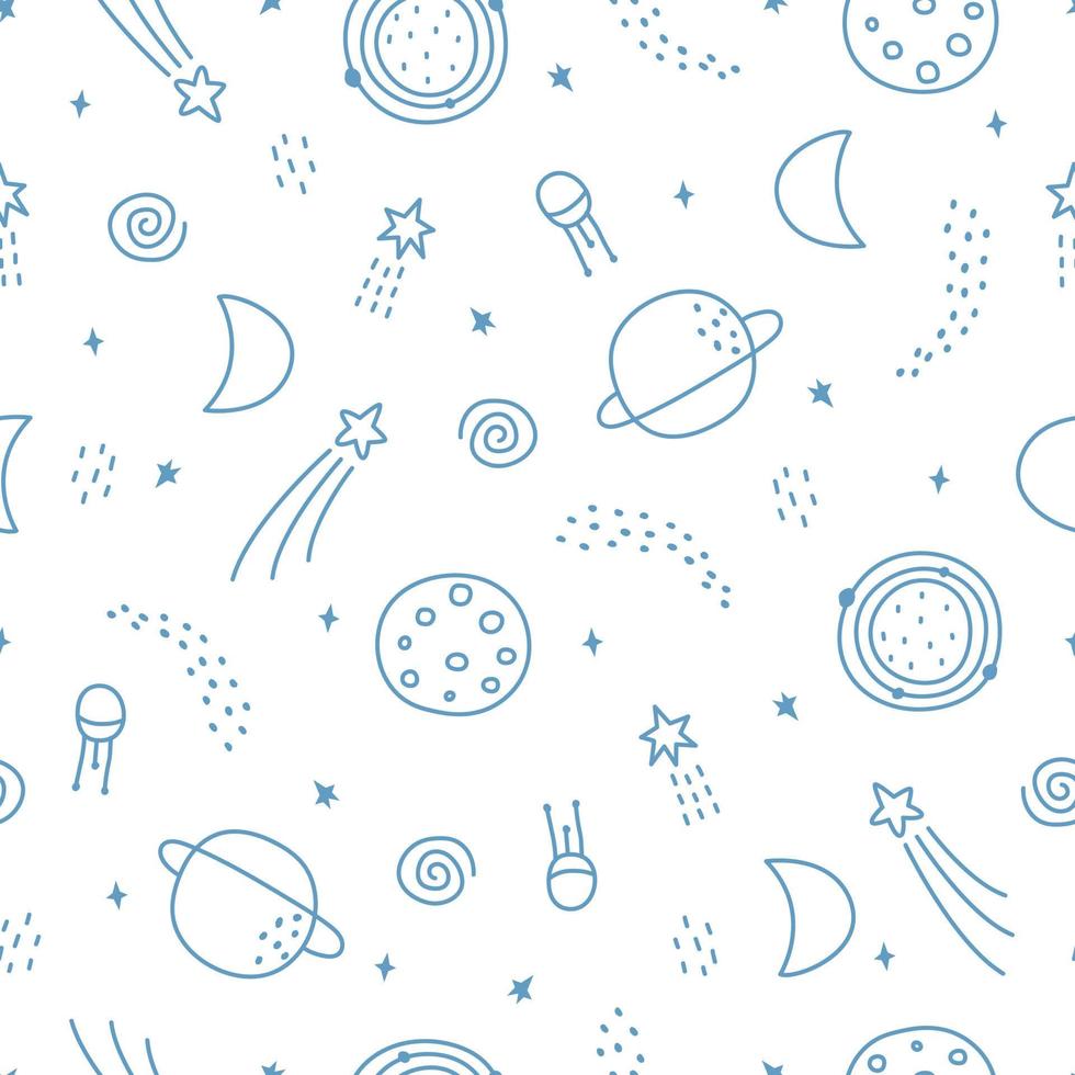 espacio y planeta de patrones sin fisuras para niños. Fondo de estrellas dibujadas a mano en estilo de dibujos animados para impresiones, papel tapiz, decoraciones, textiles. ilustración vectorial vector