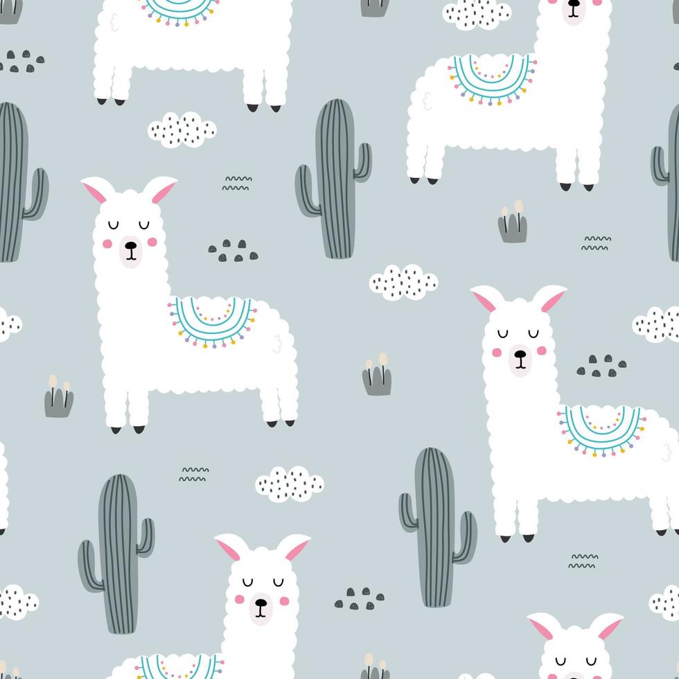 cartoon animal background for kids seamless pattern baby with llama and cactus  Children style hand drawn design. Used for fabric, textile, wallpaper printing, decoration. vector