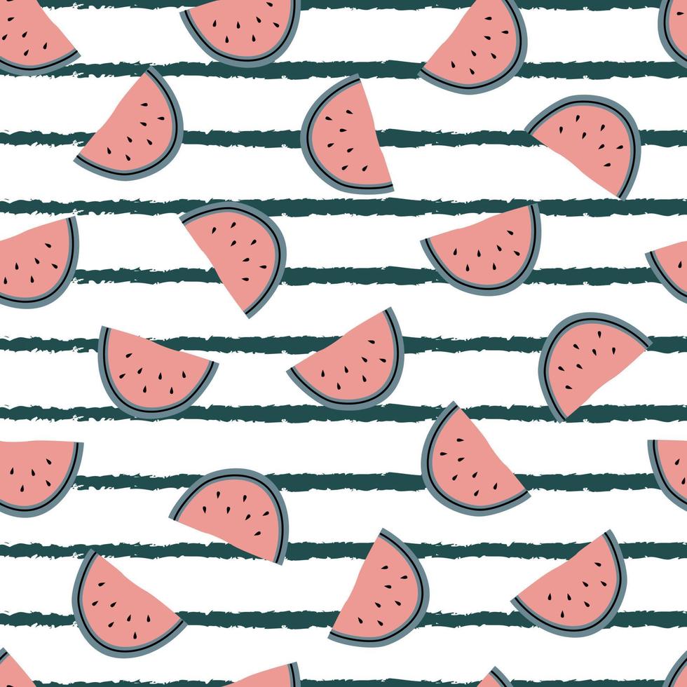 Tropical fruit watermelon summer seamless pattern on striped background Hand drawn design in cartoon style vector