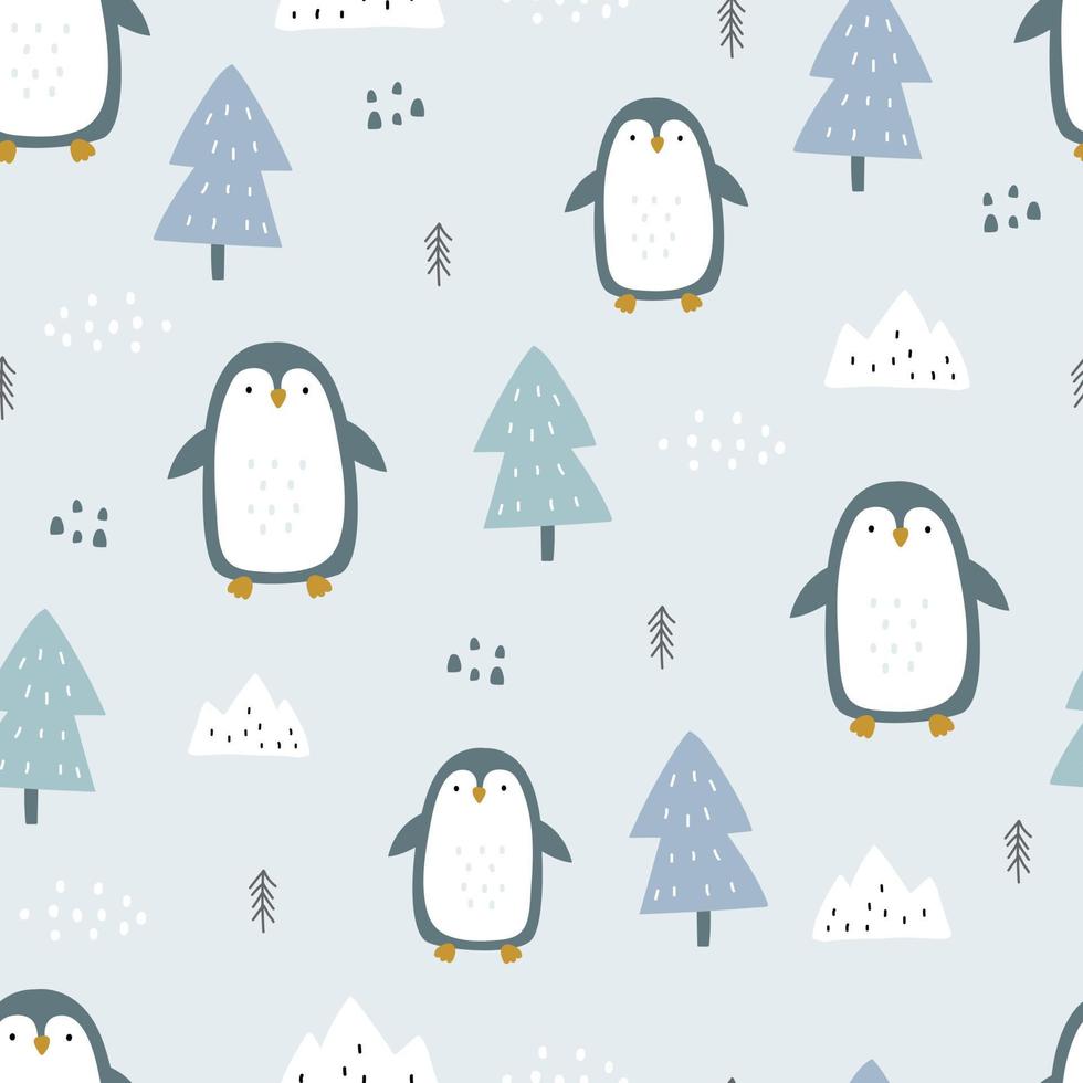 Seamless Christmas pattern with penguins on blue background. Hand drawn design in cartoon style. used for decoration Celebration Wallpaper Fabric Textile Vector Illustration