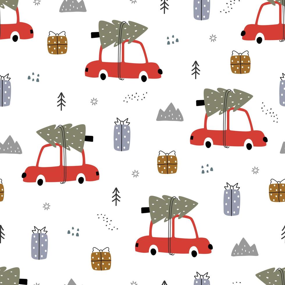 Coche vintage rojo de patrones sin fisuras con diseño de árbol de Navidad utilizado para impresión, papel tapiz, decoración, ilustración vectorial textil vector