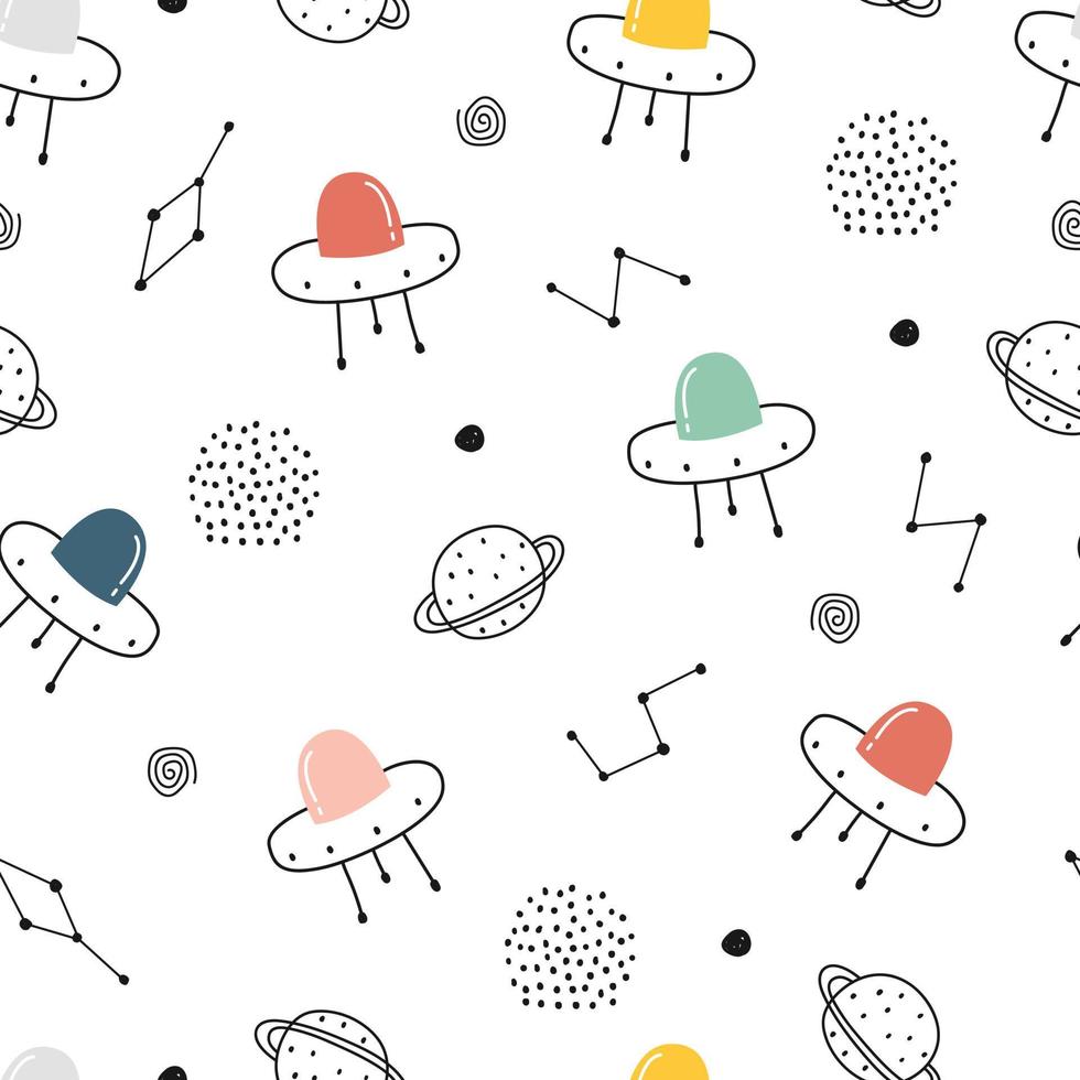 Baby seamless pattern space background with ufo and planets on a white background hand drawn style cartoon design Use for print, wallpaper, decoration, textiles. Vector illustration