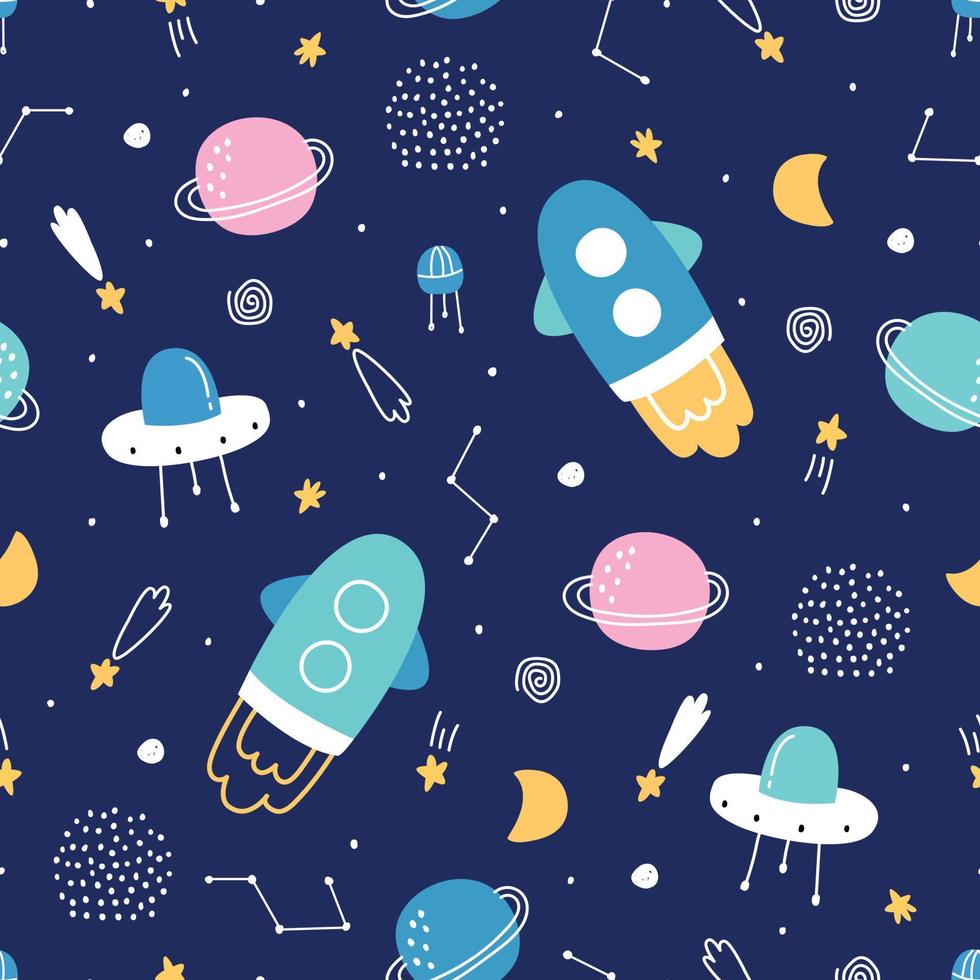 Baby seamless pattern space background with planets on a dark blue background hand drawn style cartoon design Use for print, wallpaper, decoration, textiles. Vector illustration.