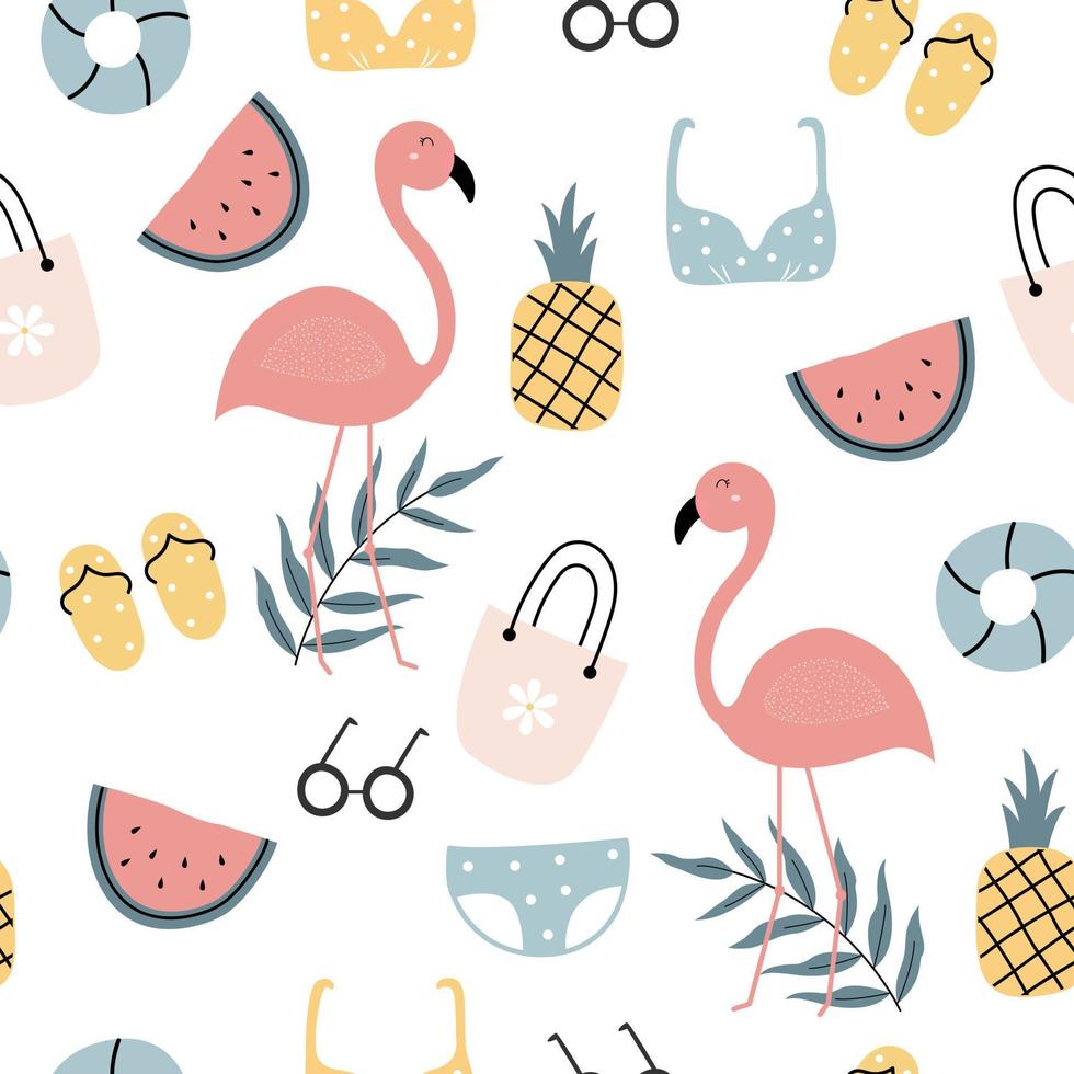 Seamless pattern flamingo on a white background Hand drawn design in children style vector