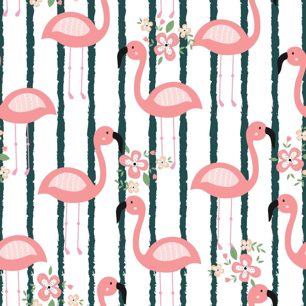 Seamless pattern flamingo and flowers on a striped background Hand drawn design in children style vector