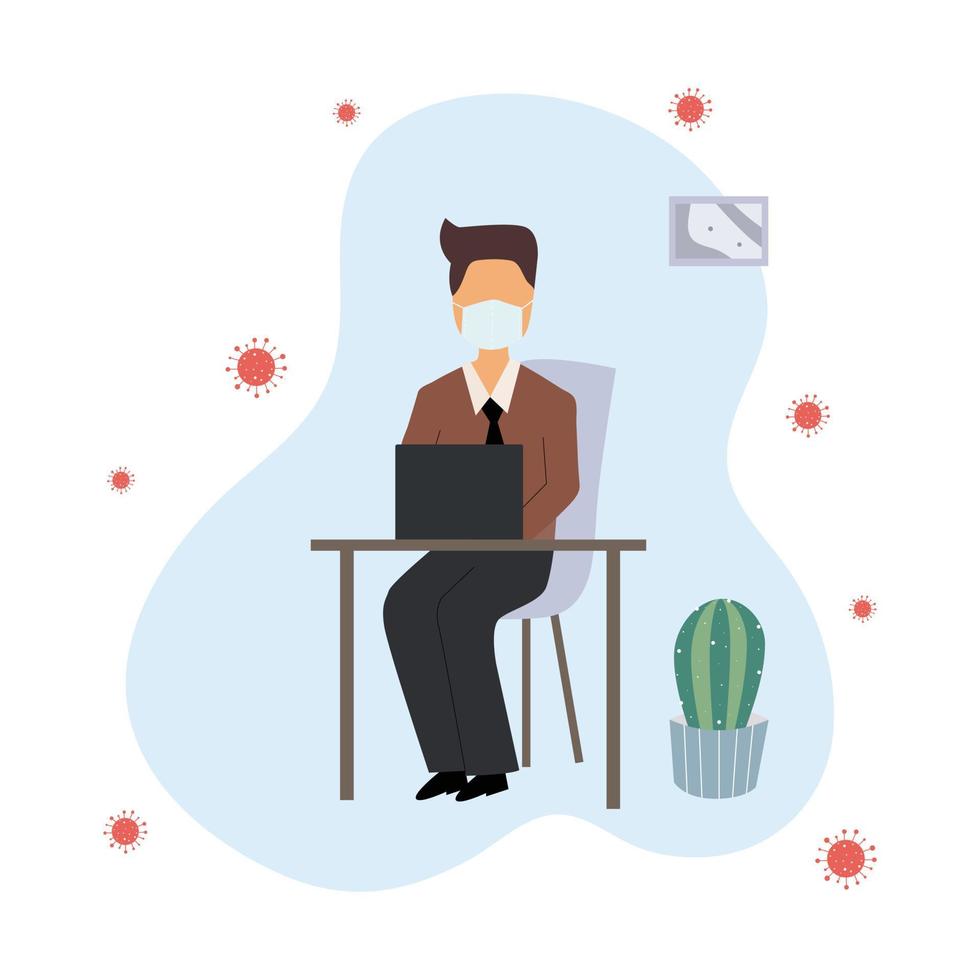 Background image a man sitting alone at a desk And wear a mask to prevent the spread of COVID-19. The concept of protecting you and those around you. Vector illustration
