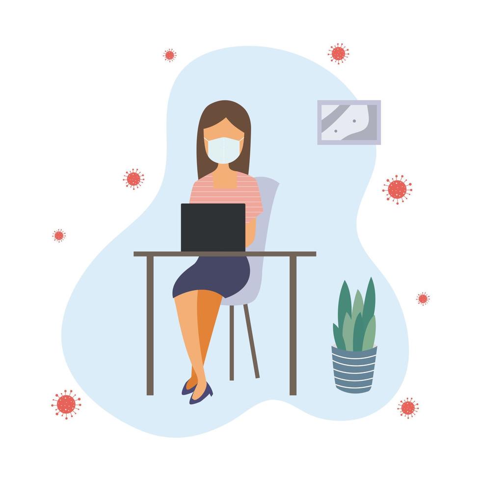Background image Woman sitting at work detained at home While wearing a surgical mask To prevent the spread of COVID-19, the concept of protecting yourself and those around you. Vector illustration