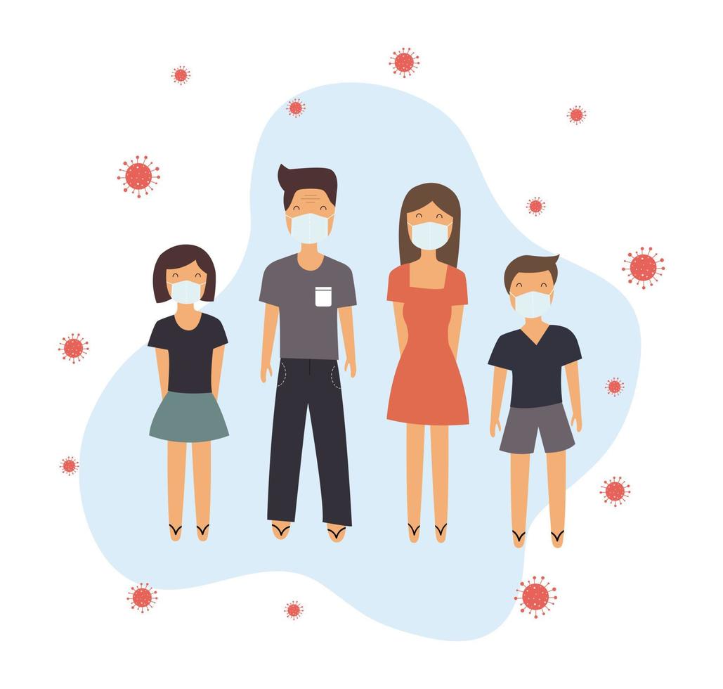 The cartoon characters' father, mother, daughter, son, standing in a mask to prevent infection. And with the COVID-19 Coronavirus icon around the family characters Vector illustration