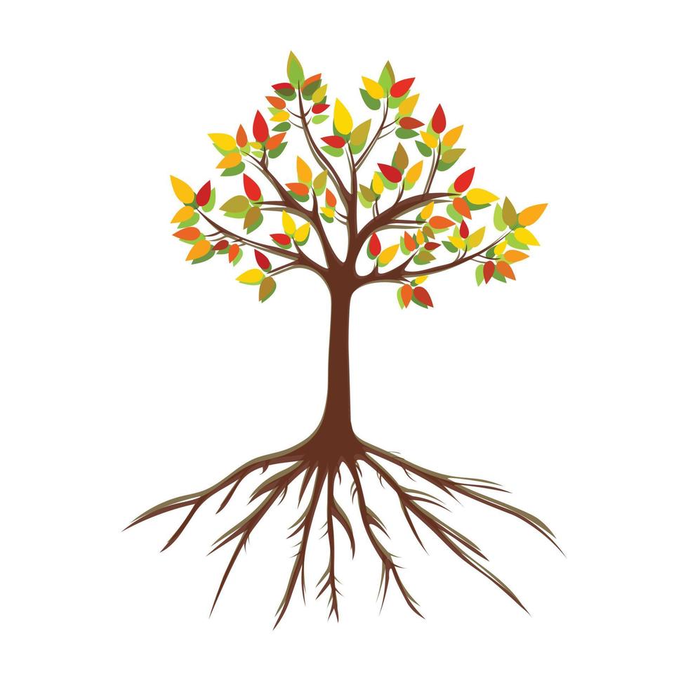 Tree has yellow leaves with dark brown roots vector illustration