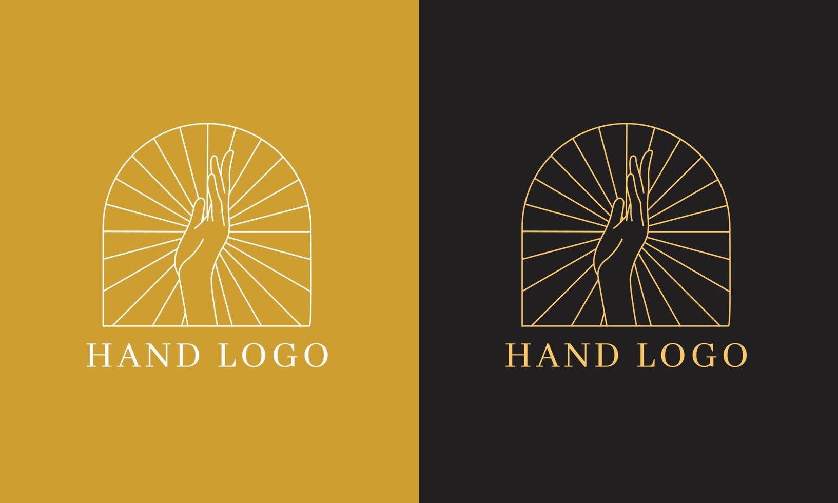 Vector Boho Logo, Icons and Symbols of Hand and sun. Minimalist Luxury design template. For cosmetics, beauty, tattoo, Spa, manicure, jewelry store, spiritual, meditation