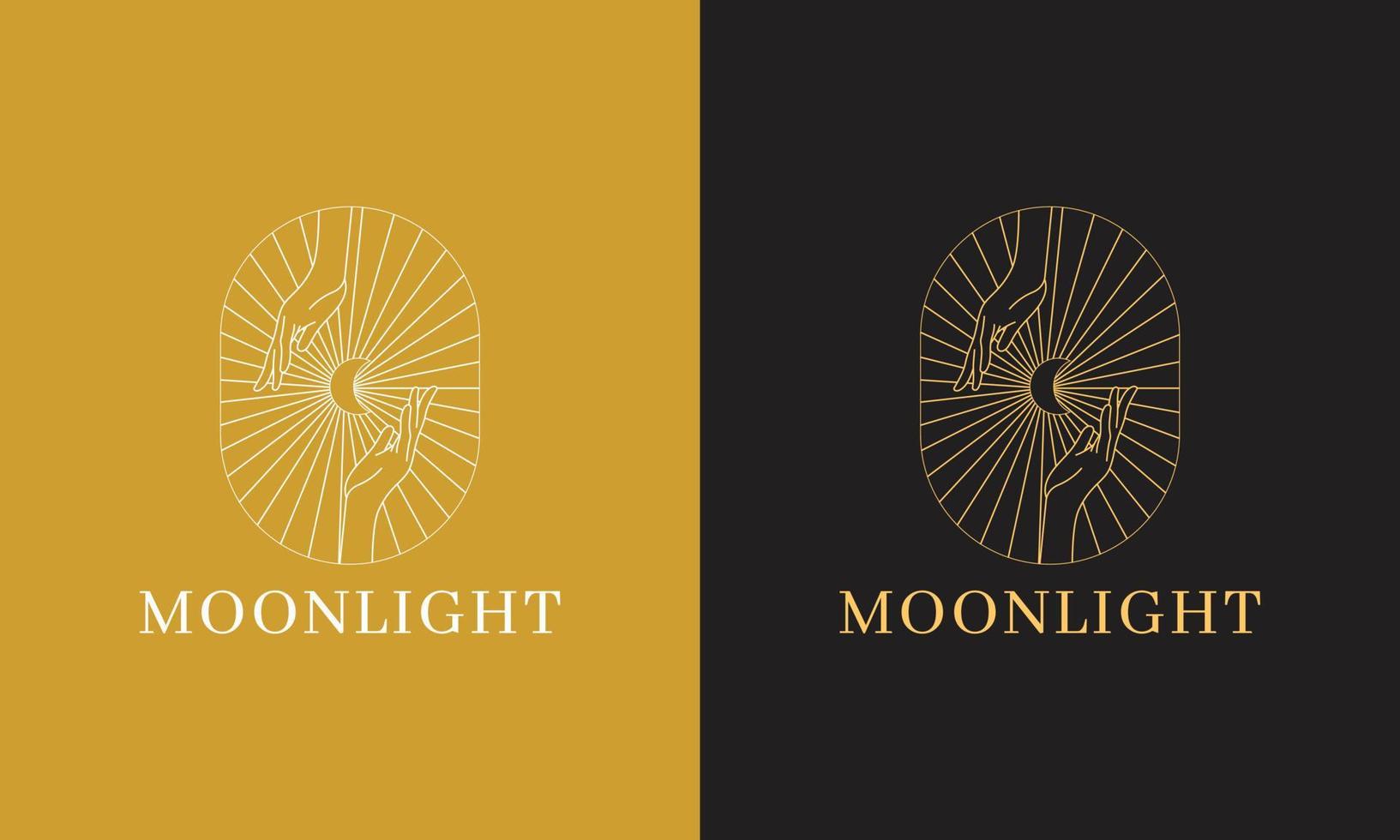 Vector Boho Logo, Icons and Symbols of Hand, Jewelry, sun and moon. Minimalist Luxury design template. For cosmetics, beauty, tattoo, Spa, manicure, jewelry store, spiritual, meditation