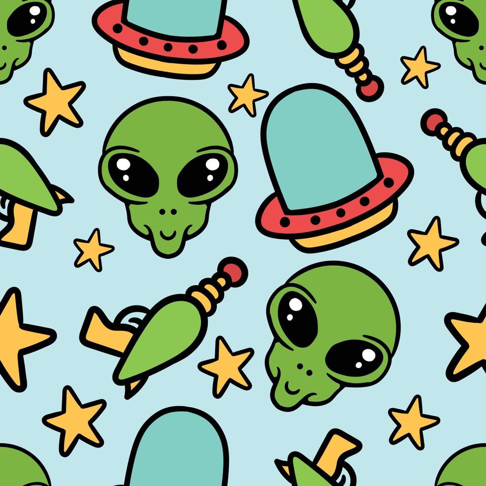 seamless pattern of alien ufo star an gun vector