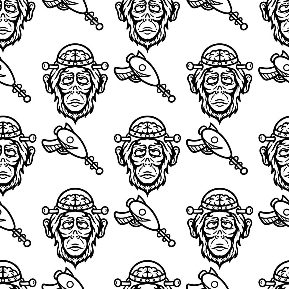 seamless pattern of chimpanzee with brain protected and alien gun vector