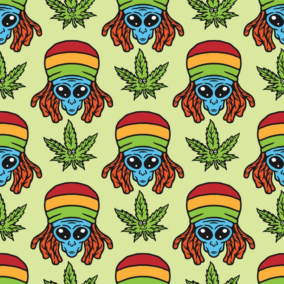 patrón sin fisuras de alienígena con atributo de reggae en estilo vintage y hoja de cannabis vector