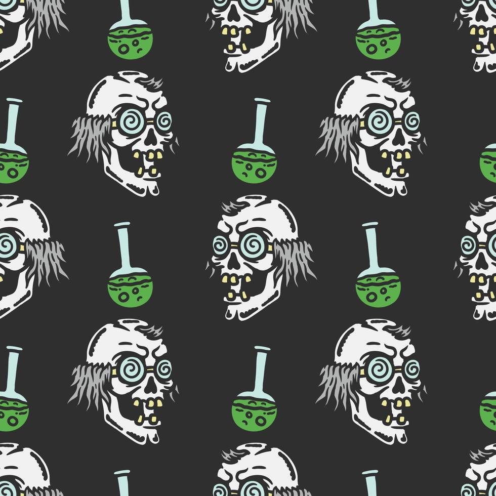 seamless pattern of crazy skull scientist and erlenmeyer flask and spilling green liquid vector