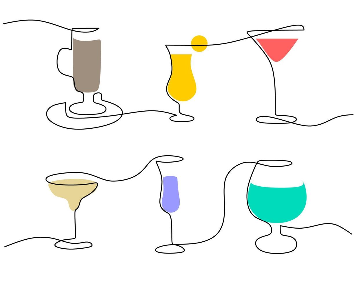 Continuous one single line of cocktail glass set for party vector