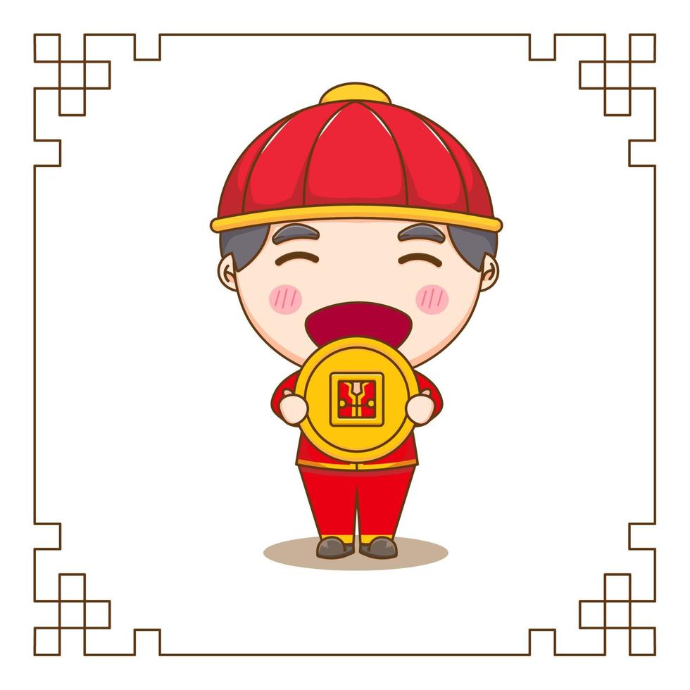 Cute Chinese boy holding big coin chibi cartoon character. Flat design illustration vector