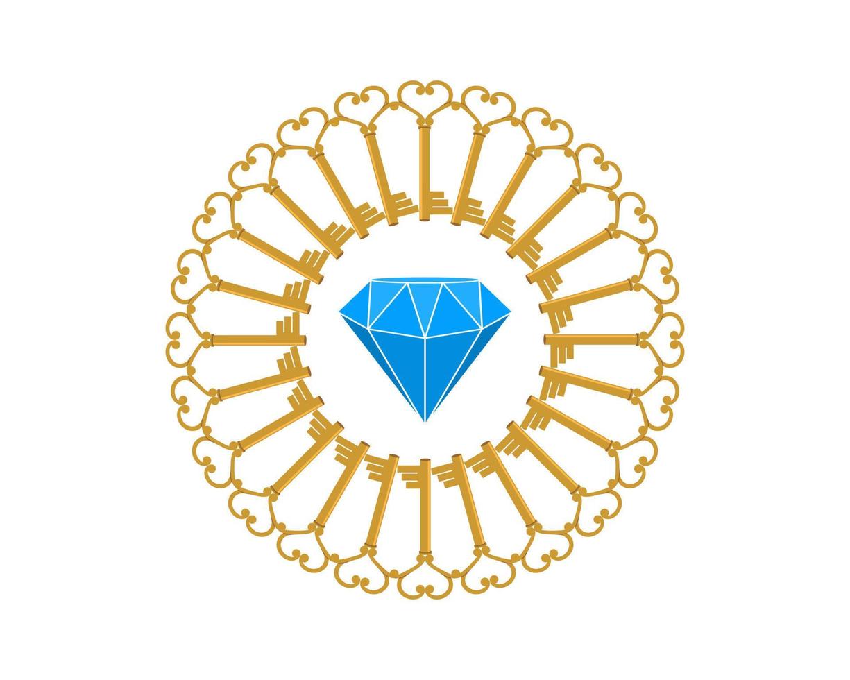 Diamond gem inside the circular golden key vector