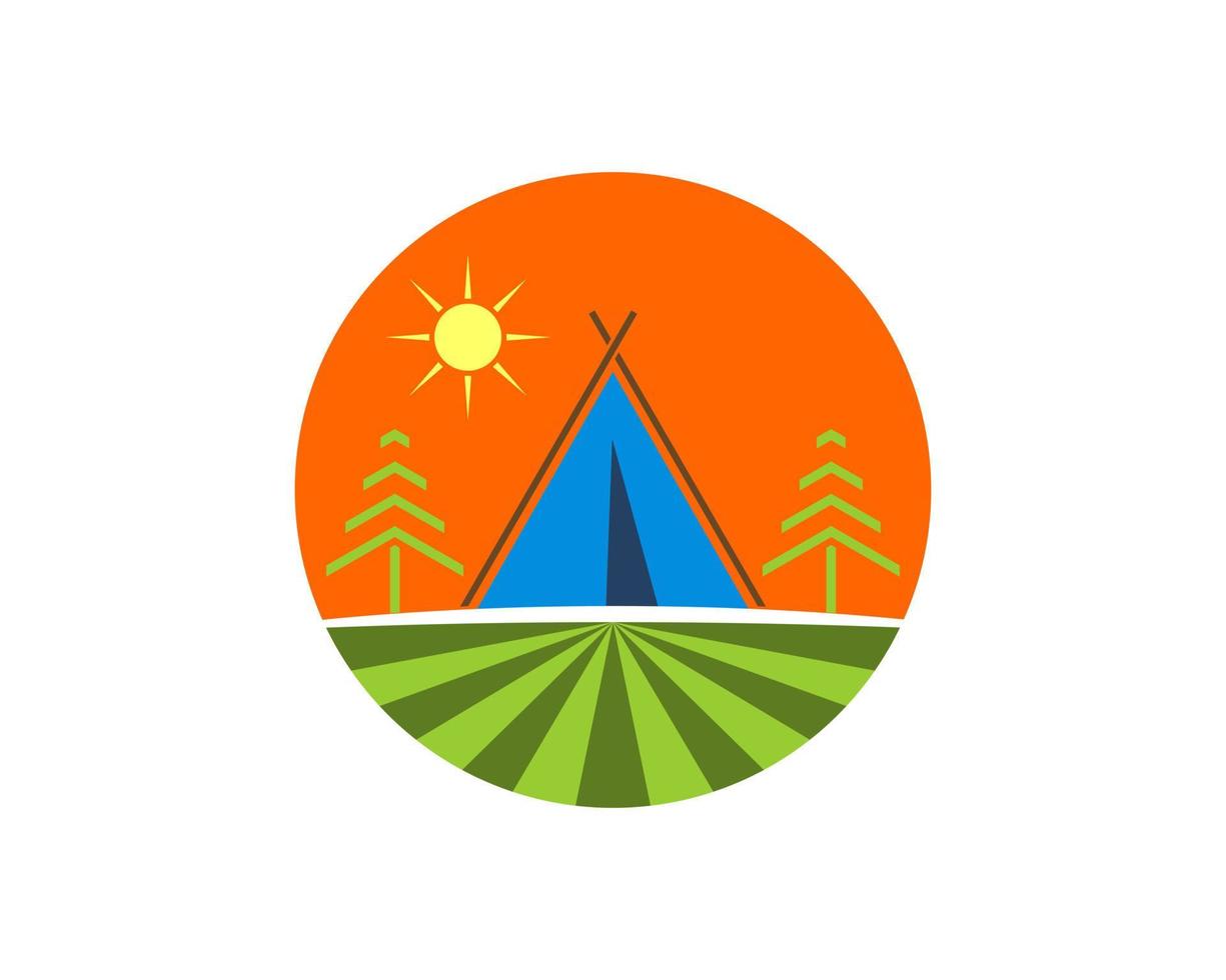 Circle shape with green field and camp tent inside vector