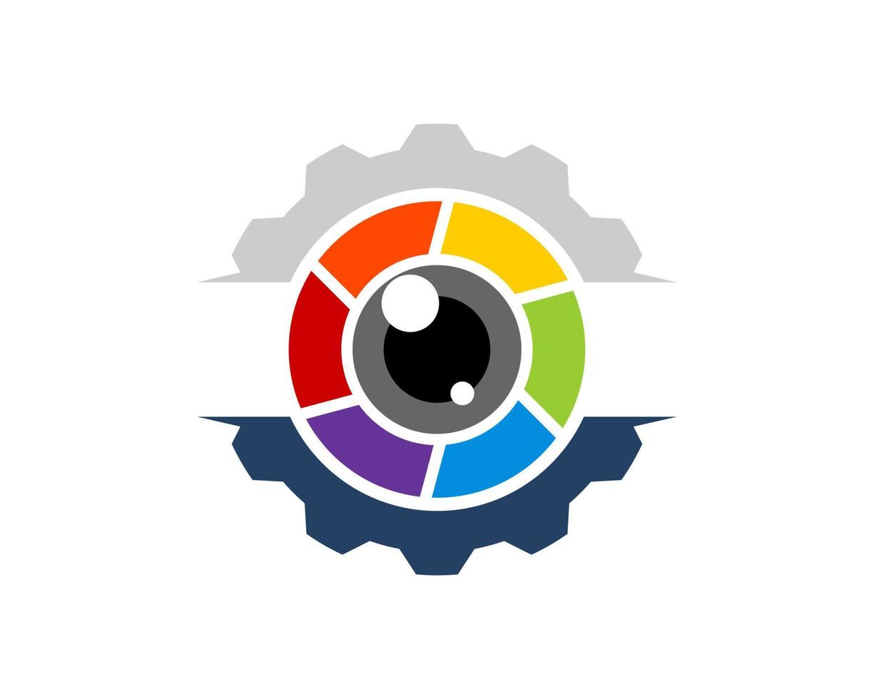 Mechanical gear with rainbow lens camera inside vector