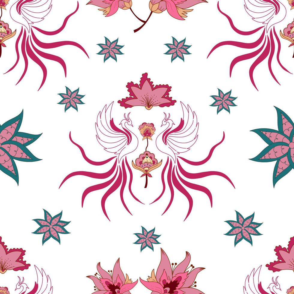 Seamless pattern with phoenix and florals vector