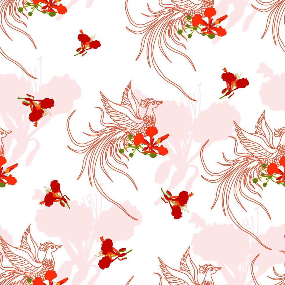 Seamless pattern with phoenix and phoenix flower vector