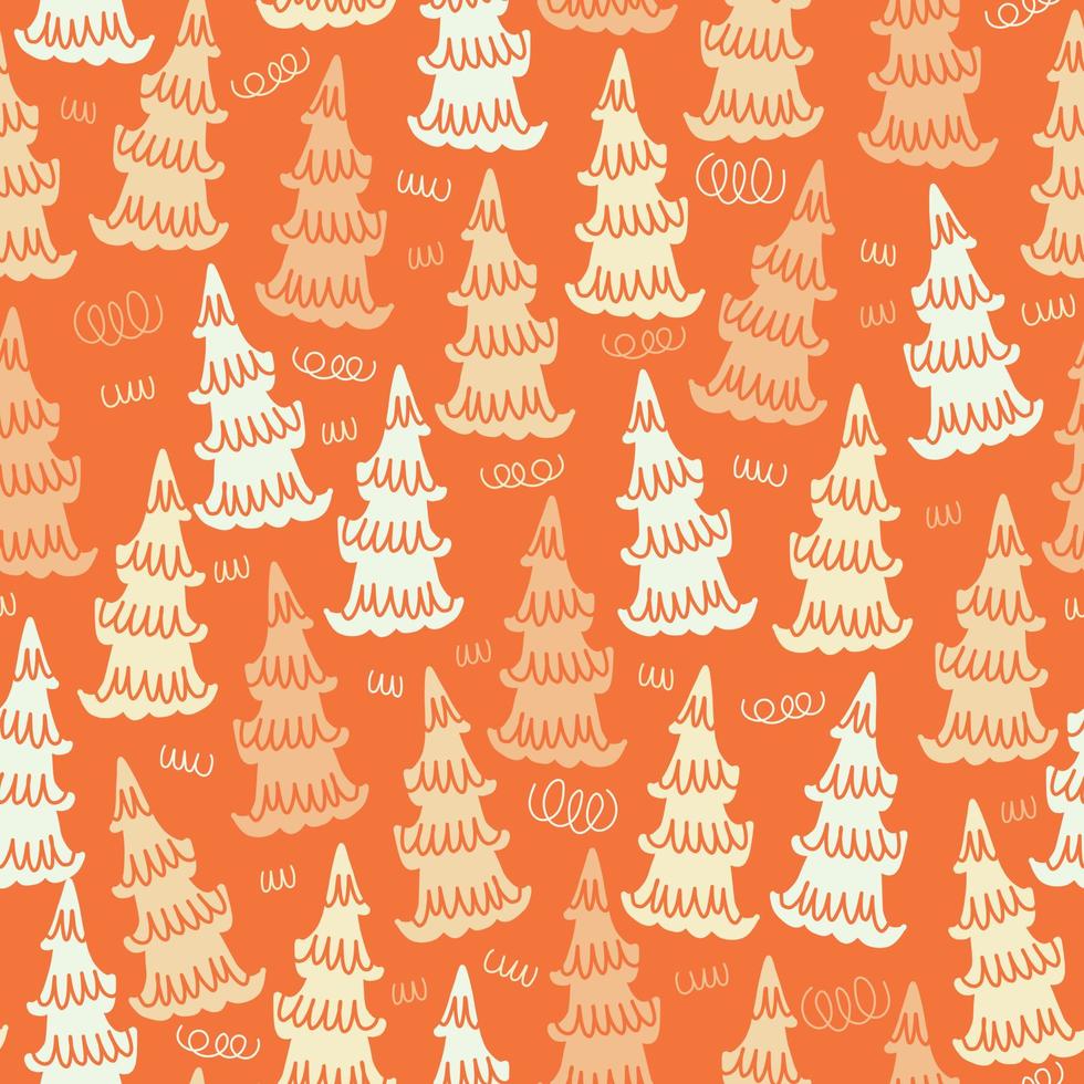 seamless christmas festive pattern on orange background cute layers pine tree vector