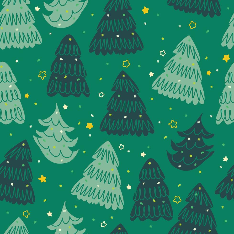 seamless christmas festive pattern on green background cute hand draw layers pine tree and little stars vector