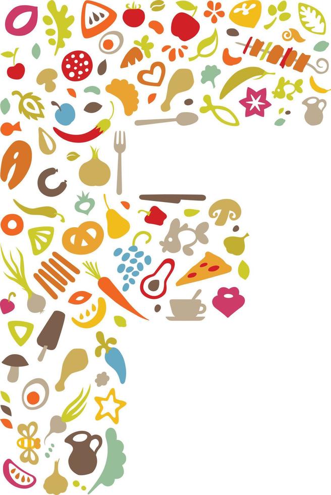 Logo of letters from vegetables and fruits. Ecological natural food. Vector image of eco food. Silhouette letters F. Object isolated on white background. Set of flat silhouette icons for logo.