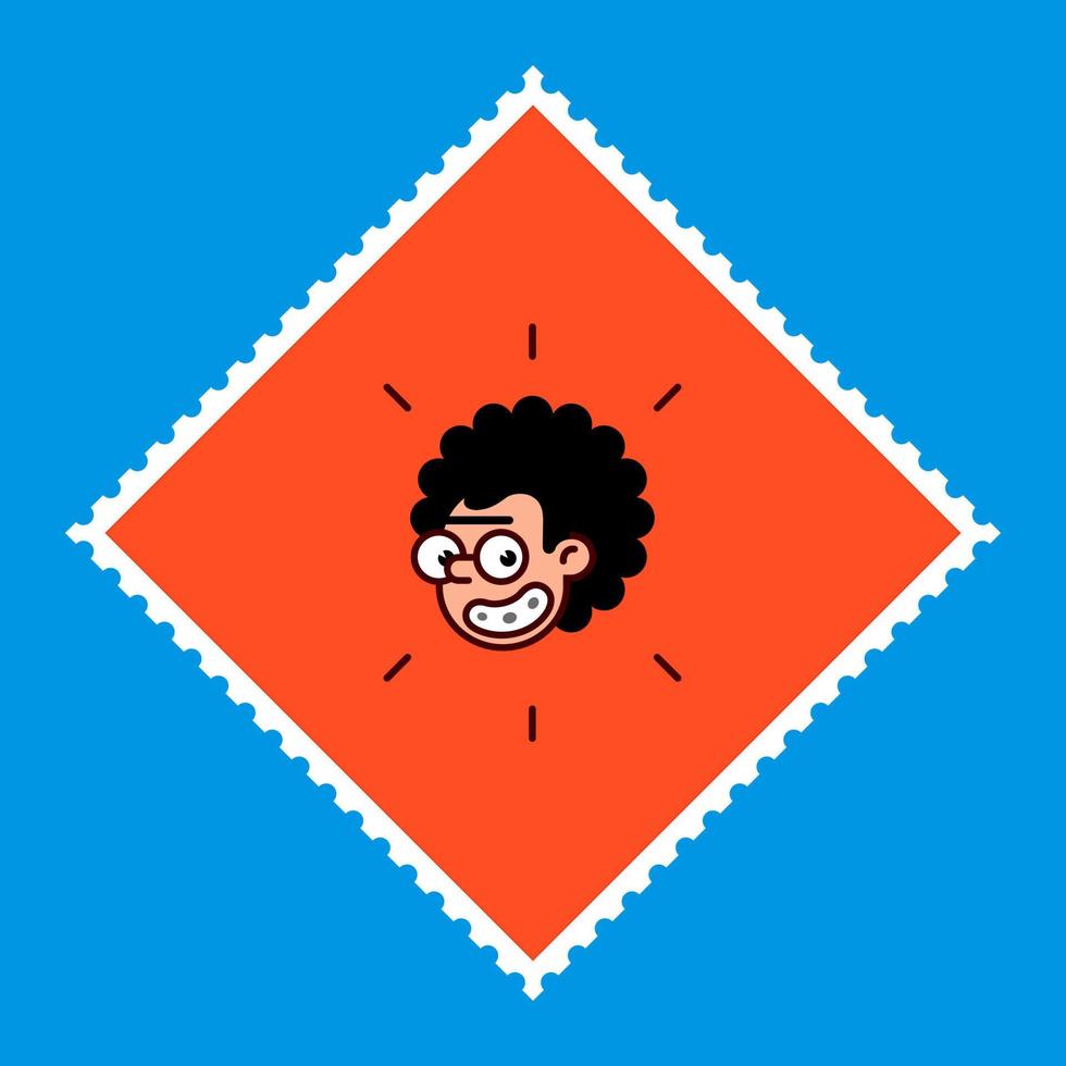 El personaje de dibujos animados es un friki en un estilo plano. La imagen vectorial está aislada sobre un fondo azul. logo de historietas de la empresa. avatar, icono para impresión y sitio. carácter geek para la empresa. sello de correos. vector