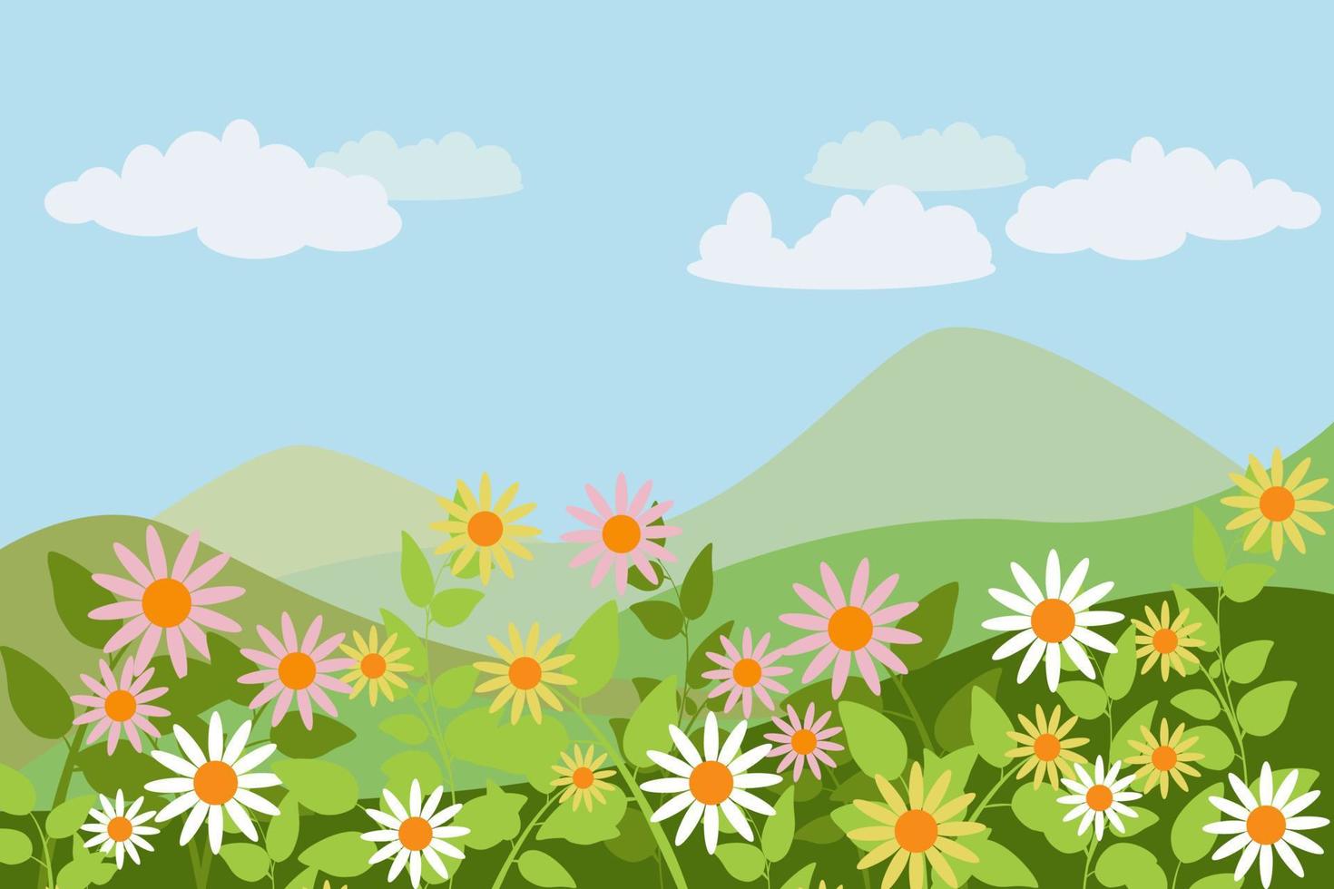 fondo de pantalla de primavera, el paisaje fresco mira hacia atrás con montañas imponentes y nubes claras vector