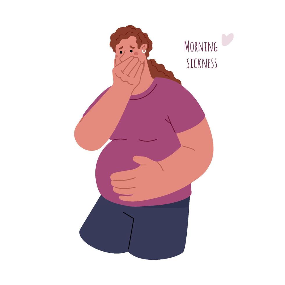 The pregnant girl covers her mouth with her hand.Toxicosis, suffer from vomiting,morning sickness, feel bad during pregnancy.Vector flat illustration. vector