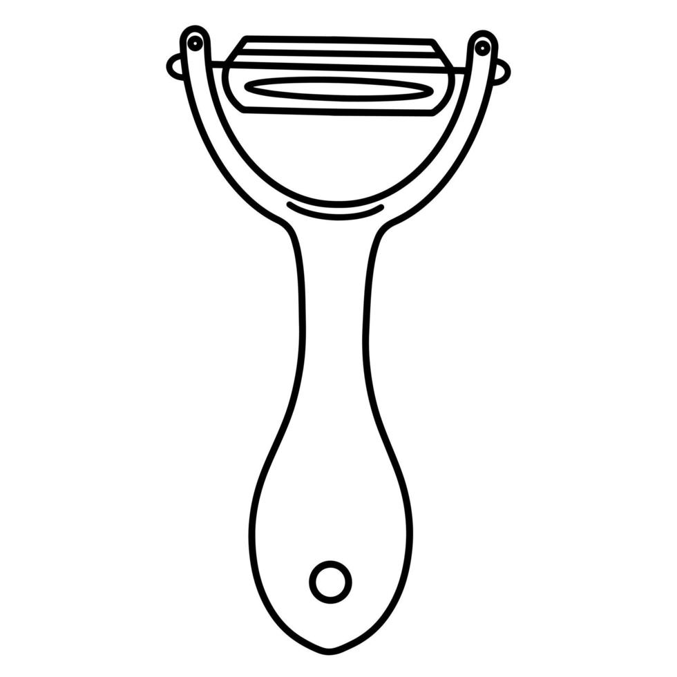 Peeler vector icon. Hand-drawn illustration isolated on white background. Kitchen tool for cleaning vegetables, fruits from the peel. Simple sketch, flat style. Clipart of a culinary accessory.