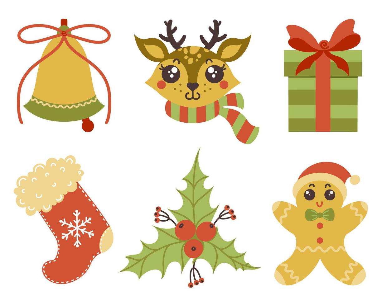 Traditional Christmas symbols vector set. Hand-drawn illustrations isolated on white background. Festive elements - bell, gift, sock, reindeer, gingerbread, holly. Flat cartoon style.