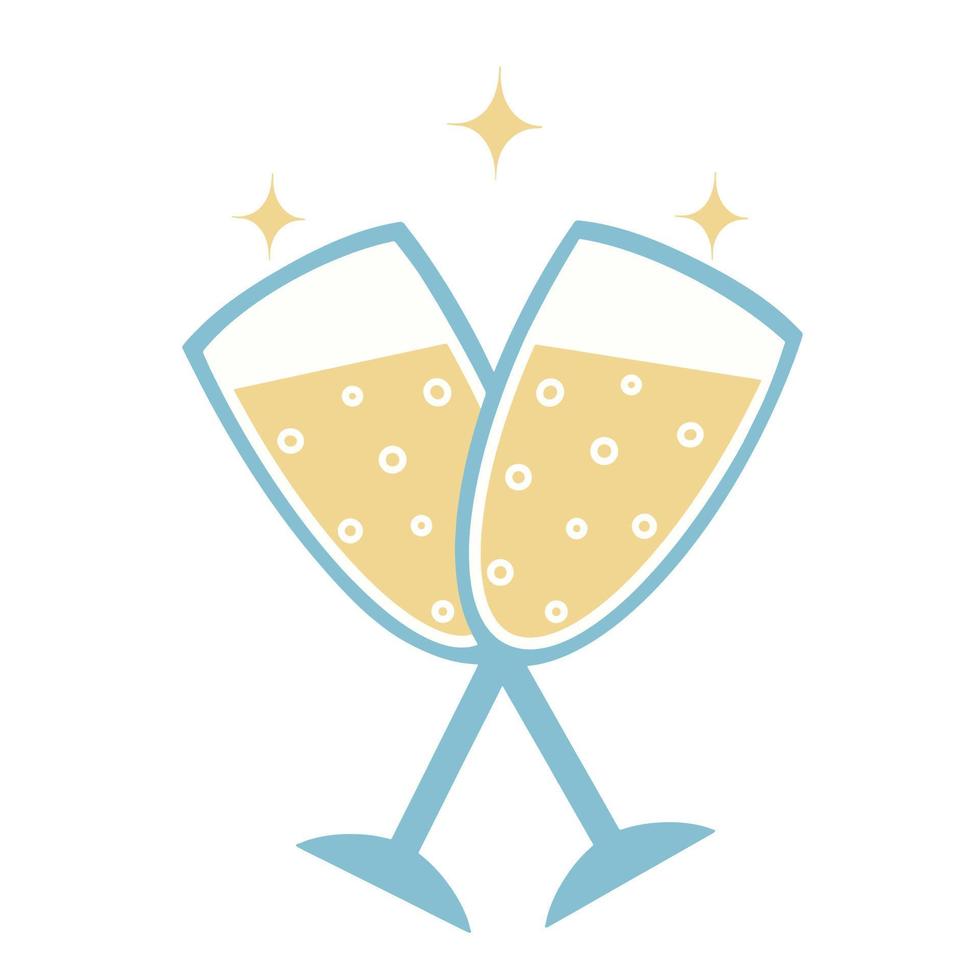 Two glasses with a drink vector icon. Hand-drawn illustration isolated on white background. Two cups clink glasses. Transparent goblet with carbonated liquid, wine, champagne. Flat cartoon style.