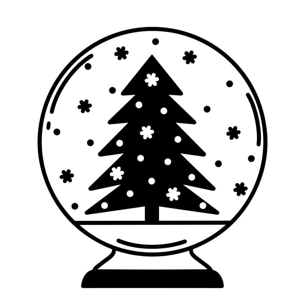 Snow globe vector icon. Hand-drawn illustration isolated on white background. Christmas tree, snowflakes, blizzard inside a glass sphere. Festive crystal ball engraving. Christmas toy sketch