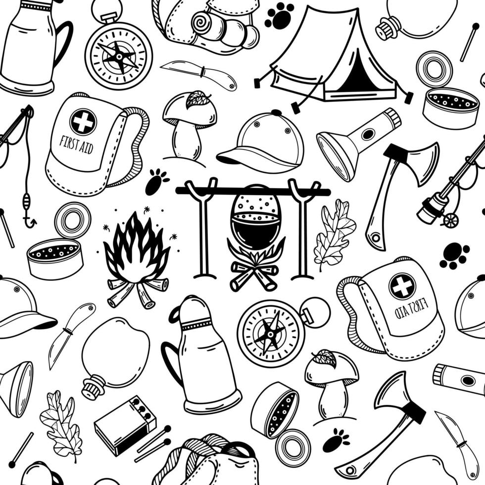 Camping seamless vector pattern. Hand-drawn illustration. Travel elements - bag, tent, fire, first aid kit, thermos, compass, fishing rod. Sketch of equipment for the hike. Monochrome concept
