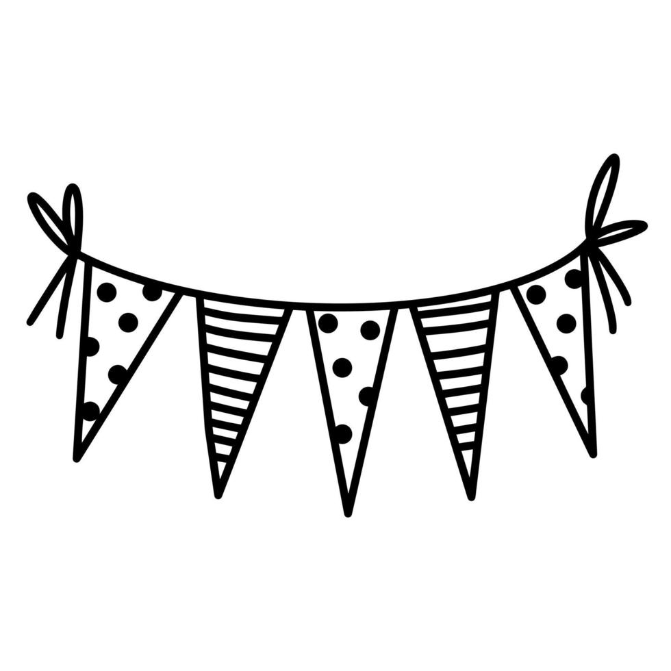 Festive garland vector icon. Hand drawn sketch isolated on white background. Cute triangular flags with stripes, polka dots ornament. Banners hanging from a rope. Concept for birthday, party