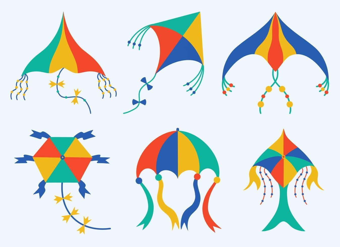 Kites set of vector icons. Hand-drawn illustrations. Paper toys for children decorated with bows, balls, ribbons. Bright cartoon elements have the shape of a rhombus, triangle, polygon. Flat style.