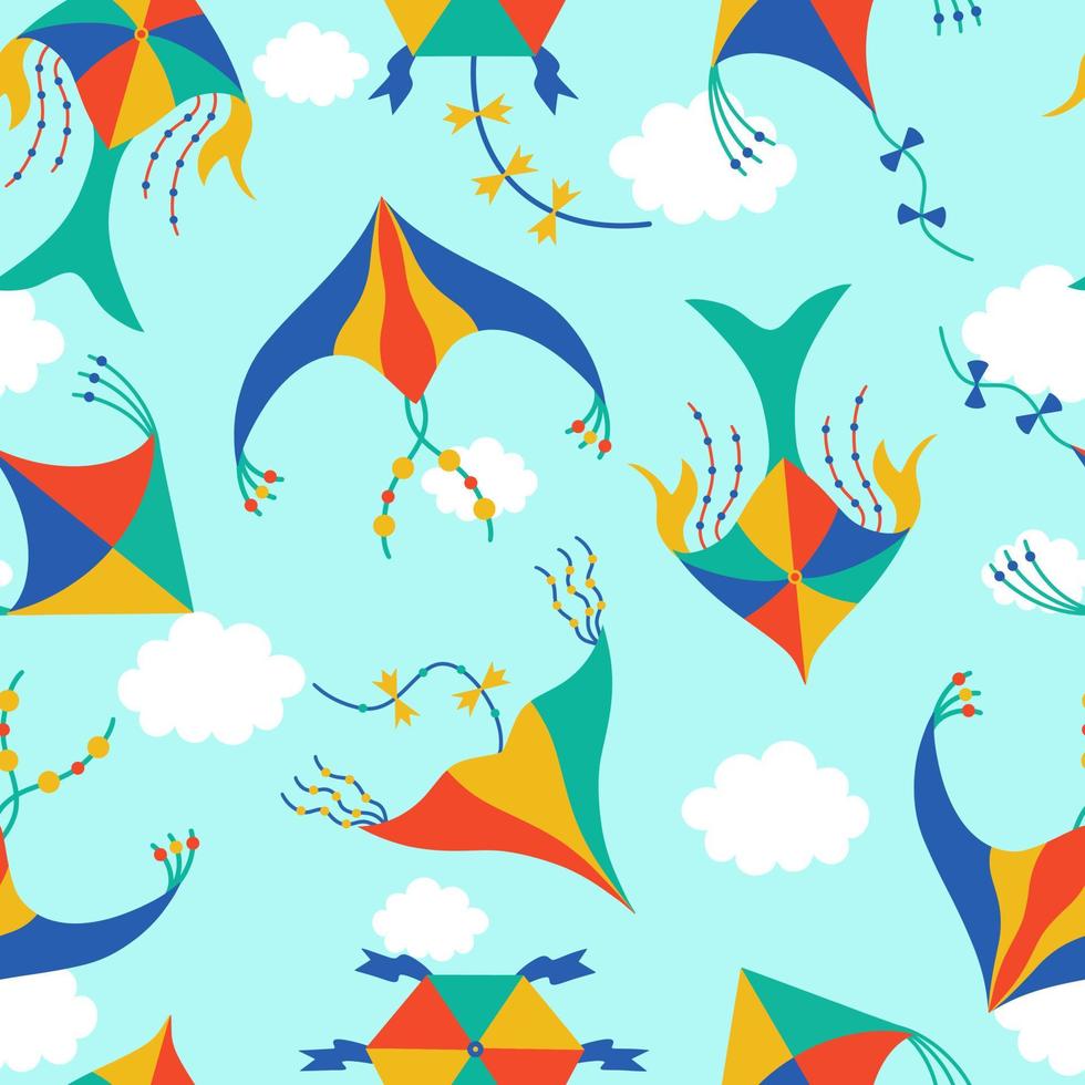 Seamless vector pattern with kites. Hand-drawn illustration. Paper toys decorated with ribbons, bows. Festive elements in the sky with clouds. Flat cartoon style.