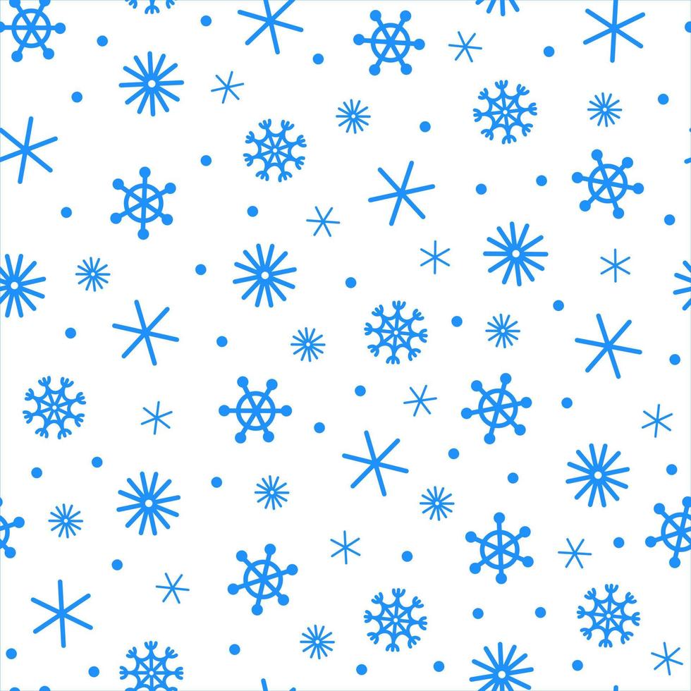 Snowfall seamless vector pattern. Hand-drawn seasonal backdrop. Graceful blue snowflakes on a white background. Simple ice crystals, blizzard. Festive template for decoration, print design, textiles