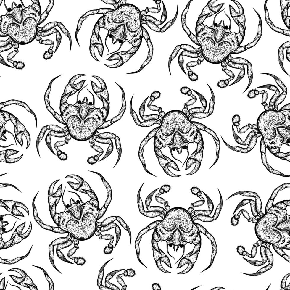 Fresh crabs seamless vector pattern. Hand-drawn illustration. Sketch of seafood delicacies. Engraving ocean animals on a white background. Crayfish in shell monochrome concept.